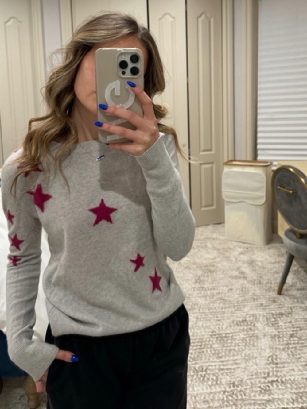 Banana Republic Gray Crewneck Sweater with Pink Star Accents wool blend
